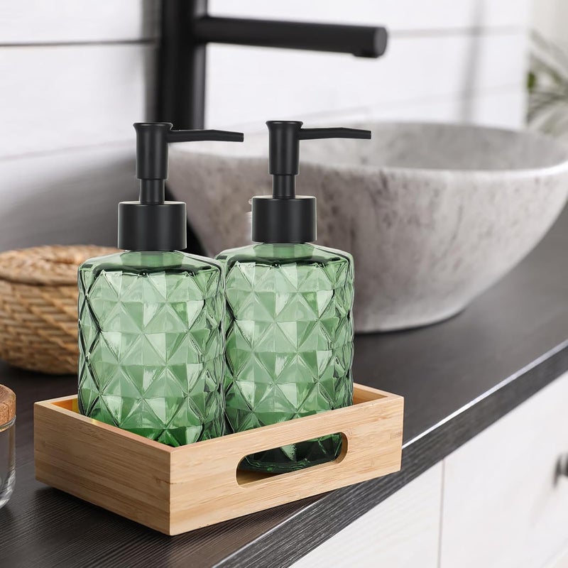 Ulable Clear Green Glass Soap Dispenser with Pump, 12oz Diamond Design Hand Soap Dispenser, Refillable Lotion Dispenser & Dish for Dishwashing Liquid, Shower Gel - Image 5